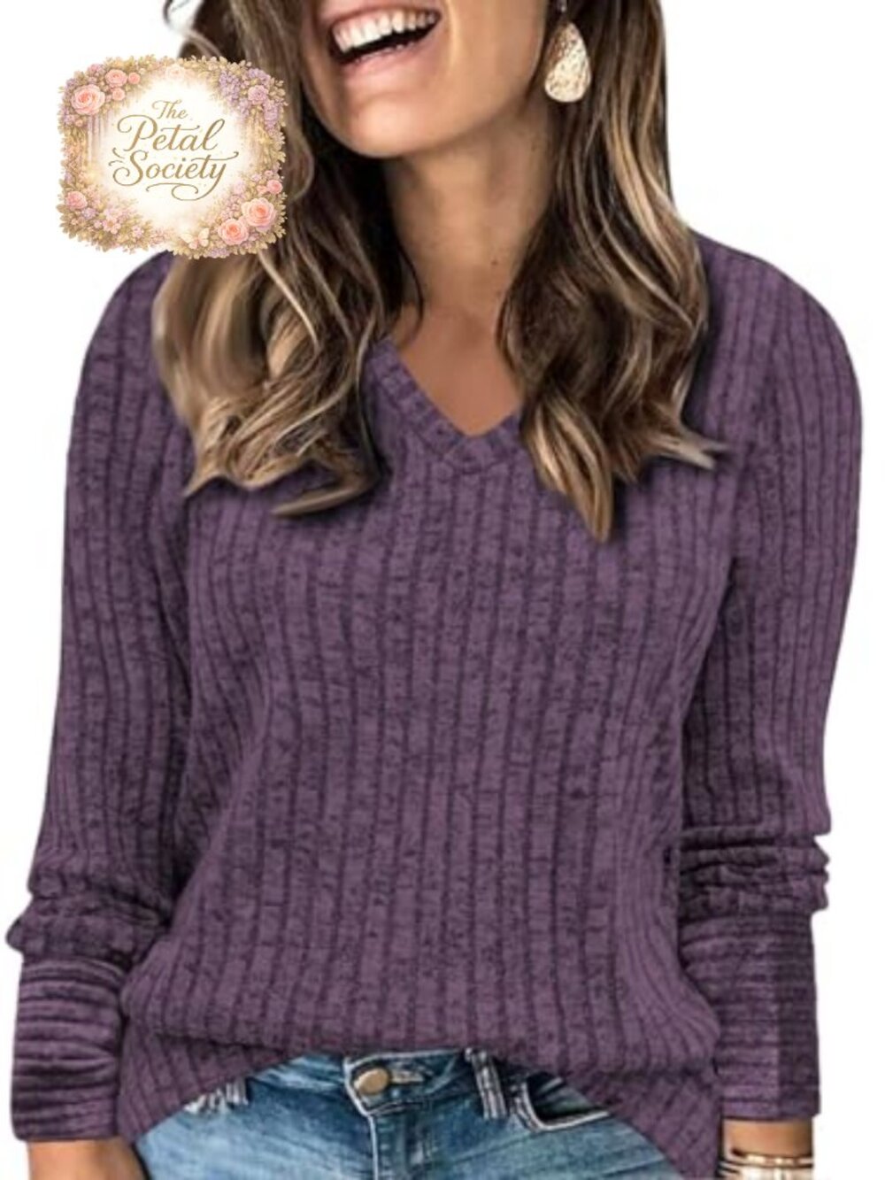 Plus Size V Neck Long Sleeve Ribbed Knit Tunic Top Casual Blouse